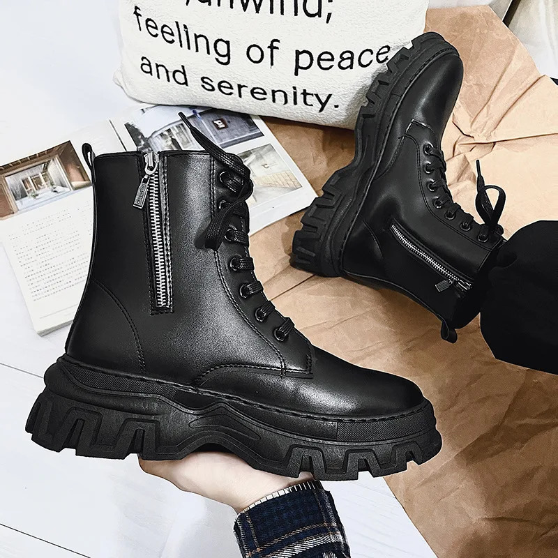Mens leather fashion boots waterproof lace short ankle boots mens outdoor platform high top motorcycle boots 241031