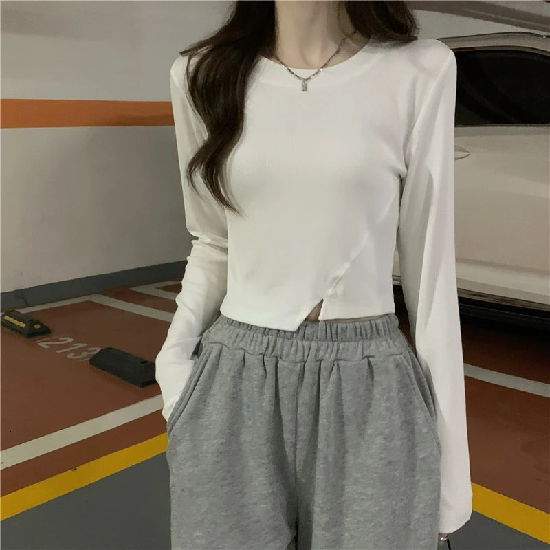 Spring Fashion Y2K T-shirt Woman Vintage Long Sleeve Tee Shirt Femme Basic Solid Crop Top Women Solid Sexy Clothes Tshirt 240315