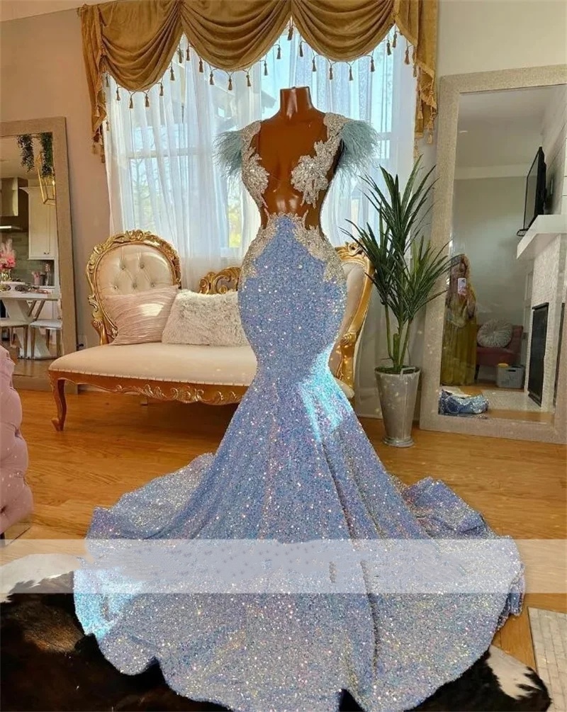 Long Dis Prom Dresses Mermaid Sparkly Rhies Crystals Feathers Sequins For Black Girls Birthday Party Gown