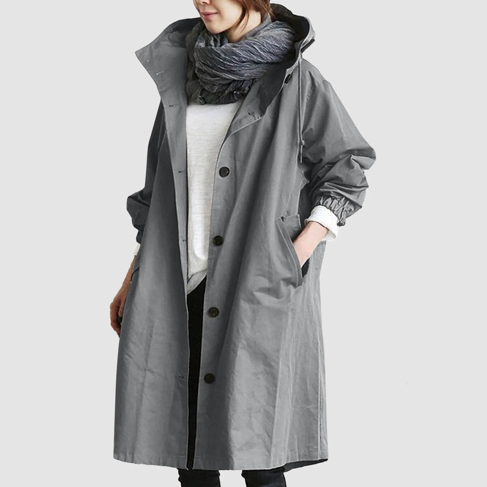 Fashionable womens long trench coat womens solid color elegant windproof coat loose and comfortable hooded warm womens raincoat 241031