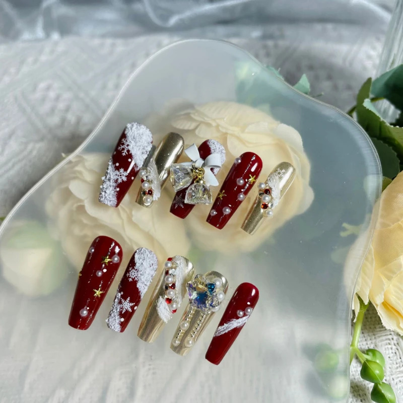 Christmas Double Color Medium length T-shaped Fake Nail Snowflake Gemstone Inlaid Fake Nail Art Reusable Easy to Disassemble 241031