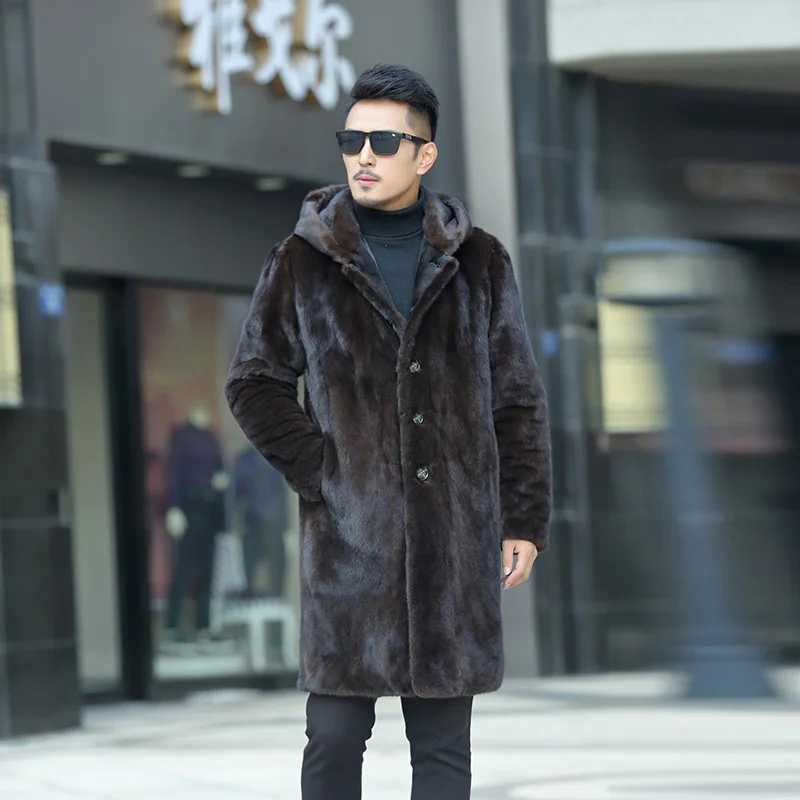 Winter Hooded Long Faux Fur Jacket Men Long Sleeve Single-breasted Thick Warm Fake Fur Coats Windproof Mens Fur Jacket CoatXJ241102