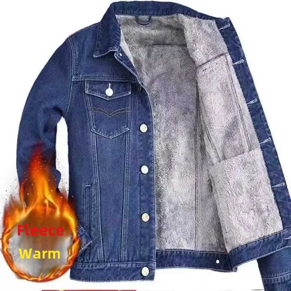 Flce thread thickened denim jacket mens winter trend loose fit limited company pocket warm work clothes casual jacket W241102