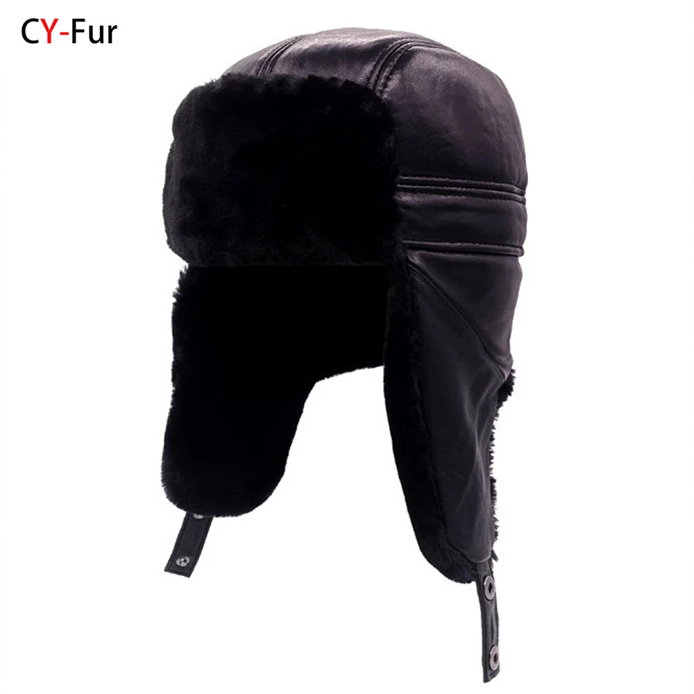 Fashion Russian Adult Hat Mens 100% Natural Sheepskin Bomber Hat Mens Casual Winter Warm Sheepskin Hat 241031