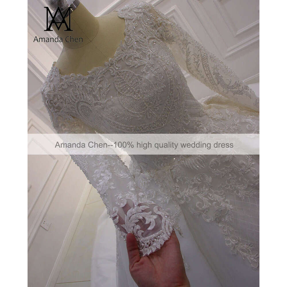 bruidsjurken Full Sleeve Lace Applique Wedding Dress for Muslim Bride