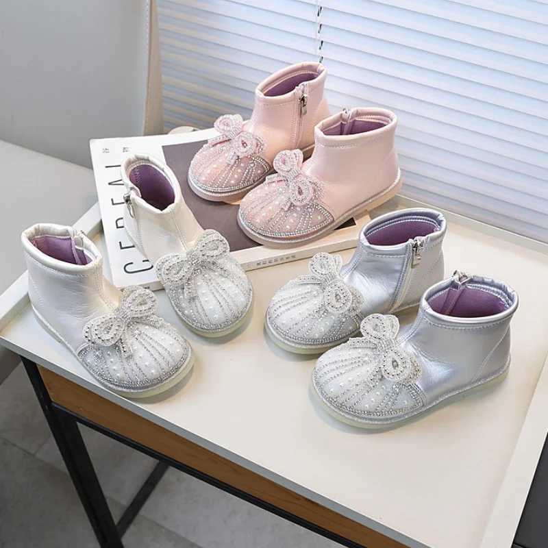 Spring and Autumn Childrens Fashion Princess Ankle Boots Sweet Bow Girls Boots Luxury Rhinestone Childrens Boots New M241102