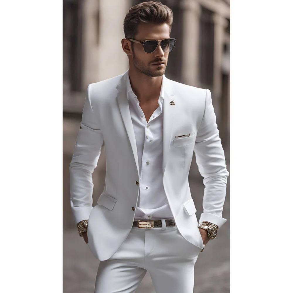Summer White Men Suits Two Piece Fashion Notch Lapel Single Breasted Suit Slim Fit Elegant Smart Casual Groom Wedding Tuxedo 241024
