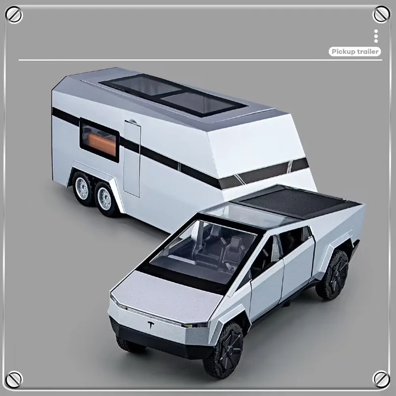 1/32 For Tesla Cybertruck Pickup Trailer Alloy Car Model Diecasts Metal Toy Off-road Vehicles Truck Model Sound and Light Gifts