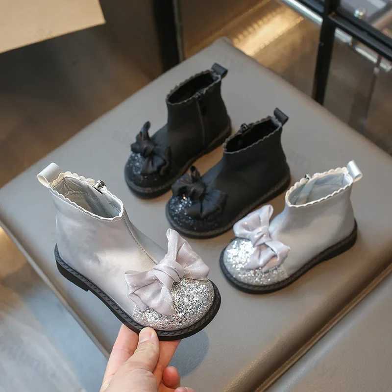 Fashion girl princess leather boots sweet bow sequins ankle boots childrens version side zipper boots anti slip childrens shoes M241102