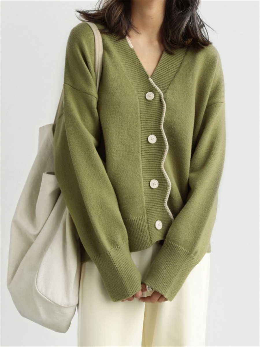 Korean Version Soft And Skin Friendly Playful Age Reducing Loose V Neck Wavy Placket Long Sleeved Versatile Temperament Knitted Cardigan For Women F11