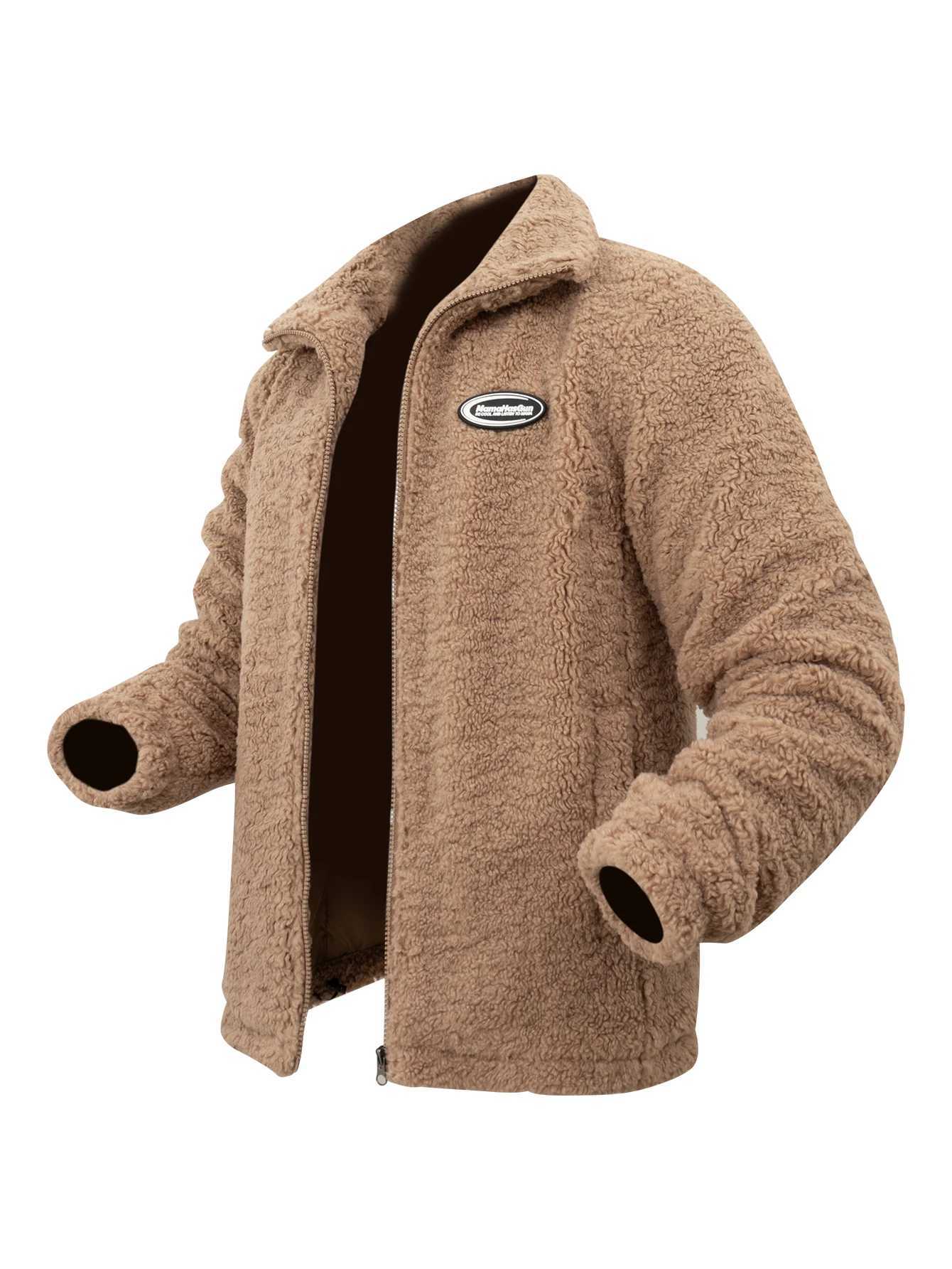 Mens Faux Fur Coat Long Sleeve Solid Colour Outerwear Wool Polar Fleece Full-Zip Loose Jacket Thick Warm Cotton Padded CoatXJ241102