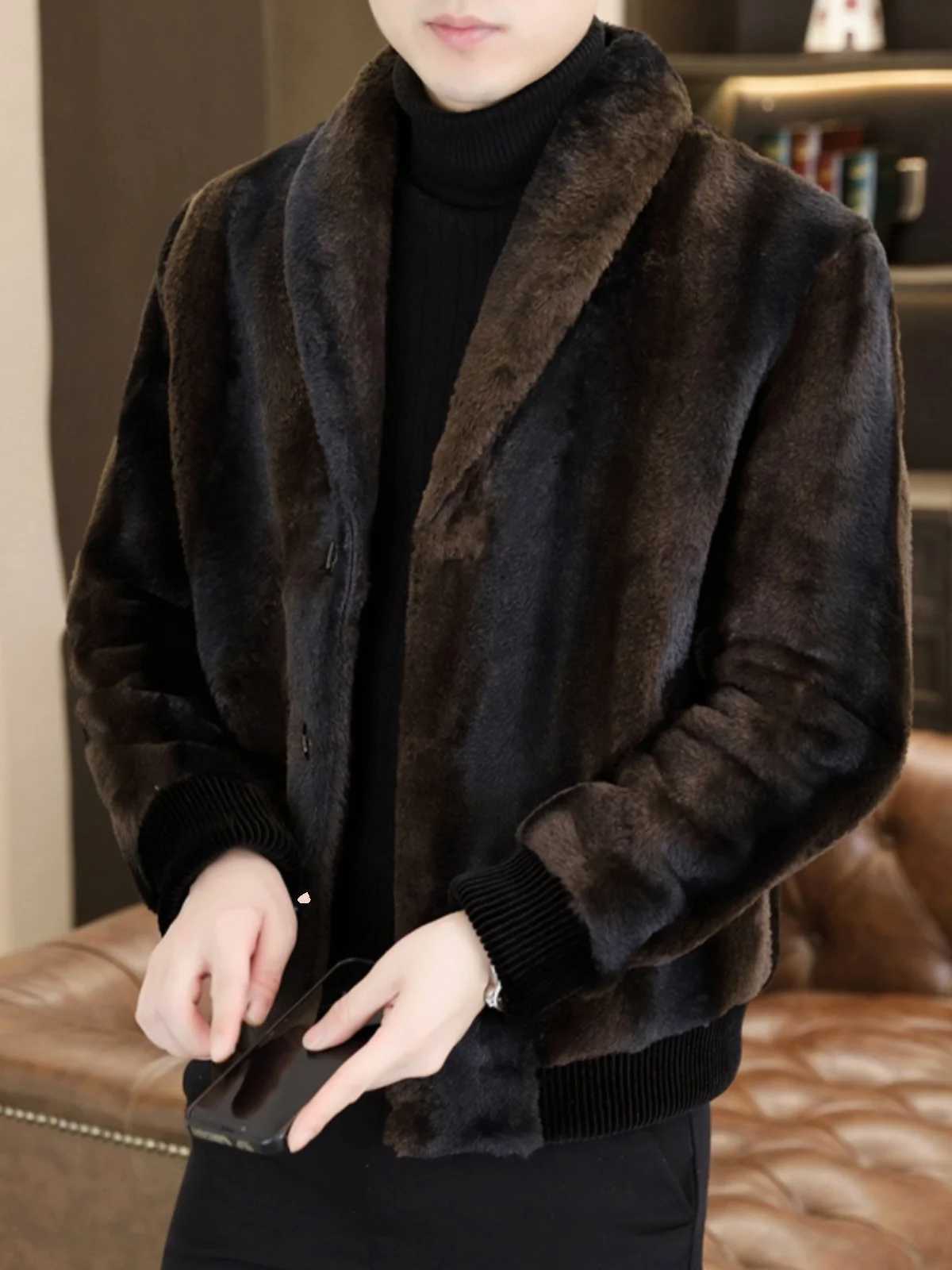 2024 Men Winter Fashion Plus Velvet Faux Fur Coats Male Korean Slim Fit Short Overcoats Mens Imitation Fur Warm Jackets G624XJ241102