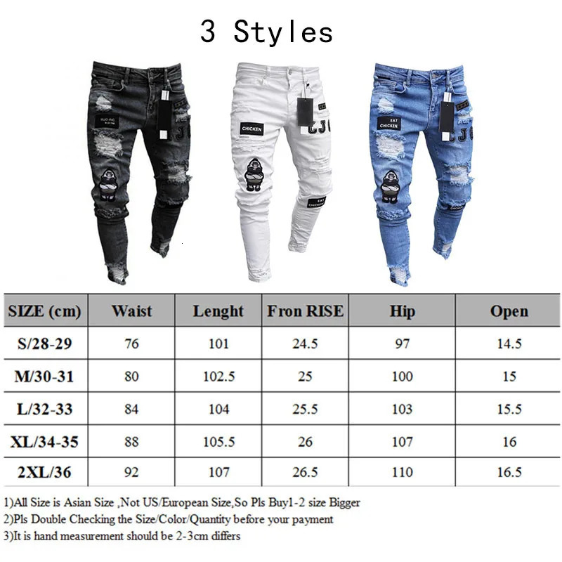 Men Stretchy Ripped Skinny Biker Embroidery Cartoon Print Jeans Destroyed Hole Slim Fit Denim High Quality Hip Hop Black Jeans 240319