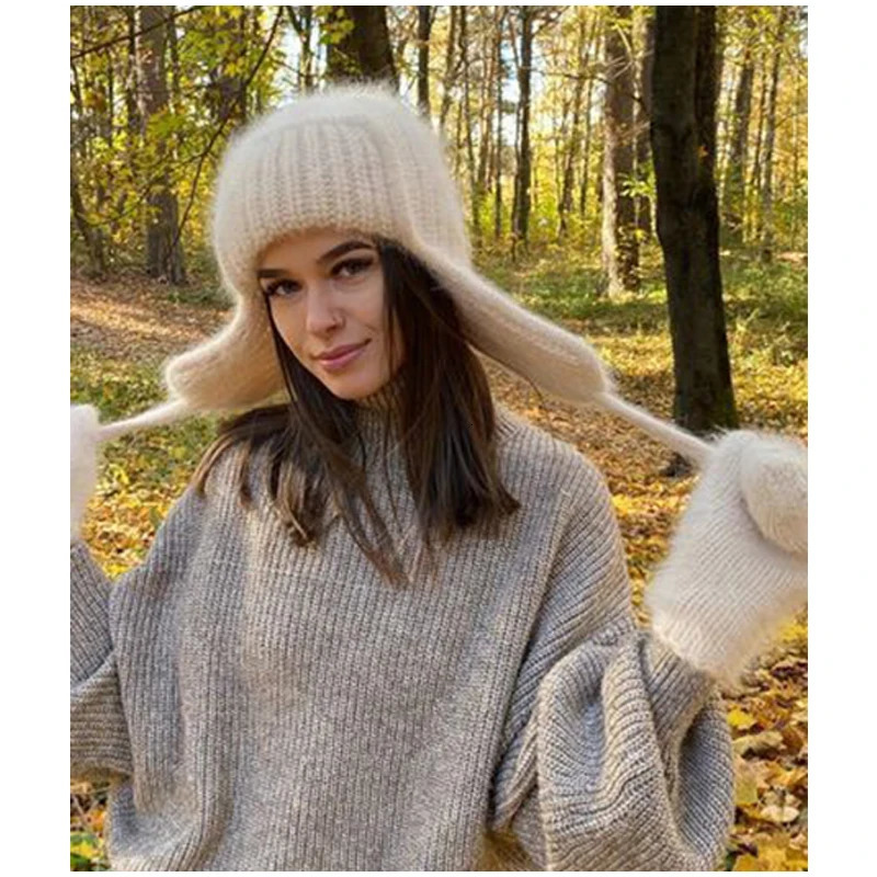 Women Winter Angora Earflaps Hat Warm Fluffy Rabbit Fur Knit Female Thick Fleece Lined Russian Trapper 10 Colors 240311
