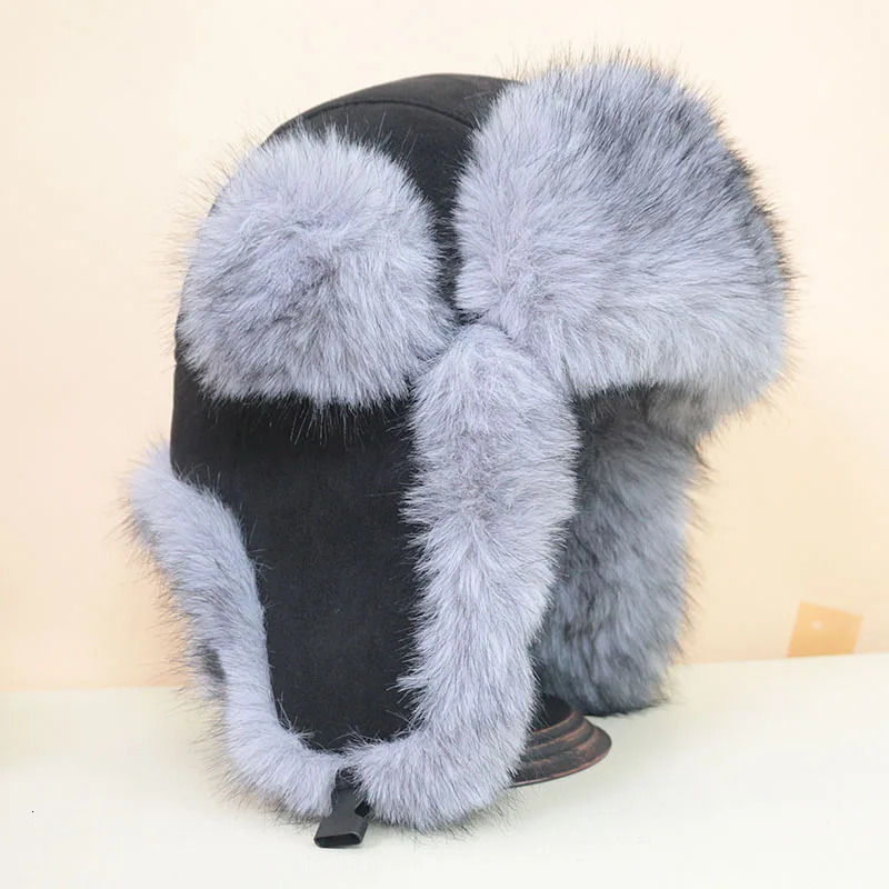Winter Ear Hood Mens Ushanka Russian Cavalry Pilot Hat Warm Autumn Artificial Fox Fur Bomber Hat Black 241031