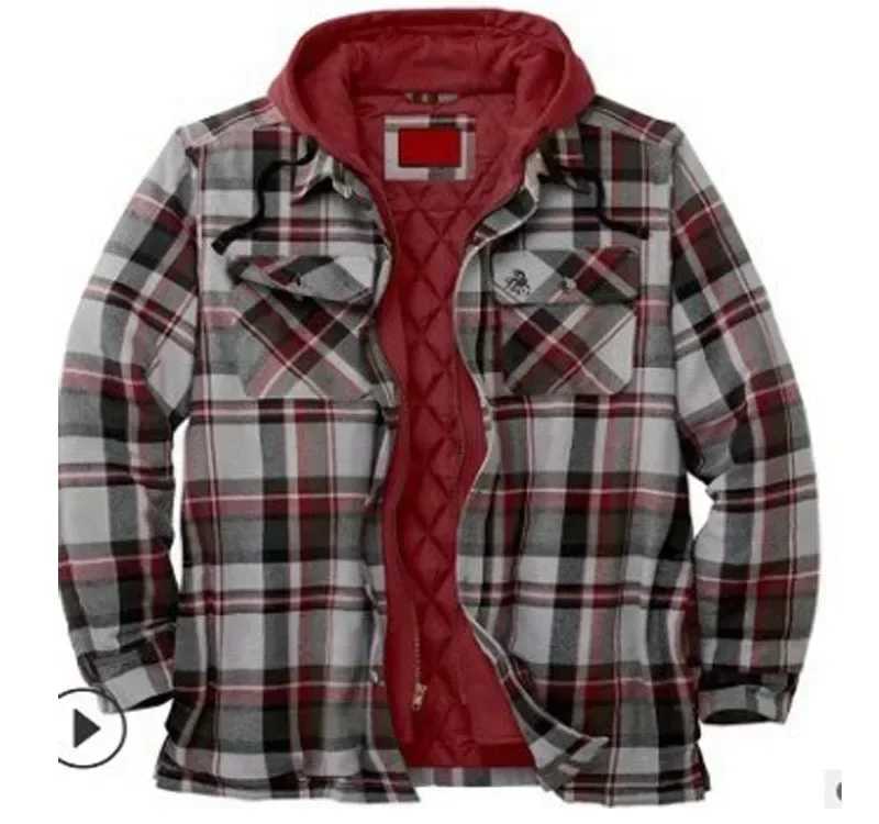Mens long Sleve winter hooded jacket Flce lining flannel plain shirt jacket button up Sherpa jacket with hood W241102