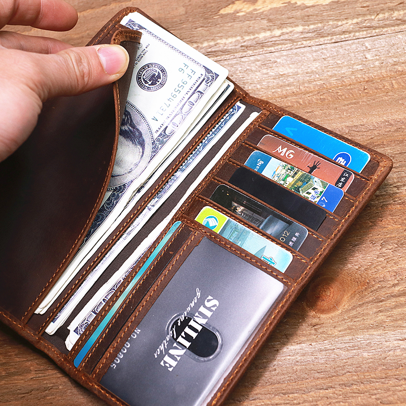 Genuine Leather Wallet For Men Vintage Crazy Horse Long Bifold Slim Men's Purse Checkbook Wallet Cash With ID Window Card Holder