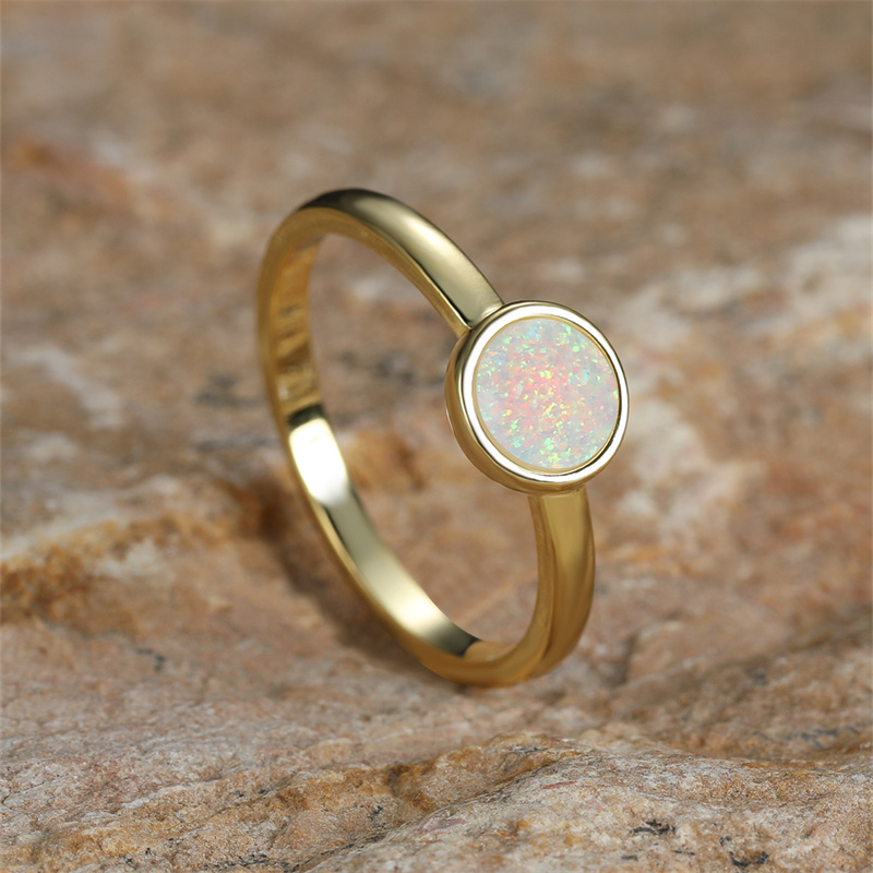 Female Male Single Round Stone Ring Gold Color White Fire Opal Rings For Women Men Wedding Bands Minimalist Thin Ring Jewelry