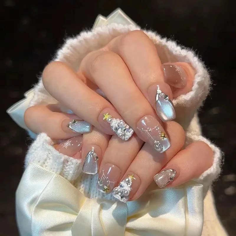 10 pieces/set of fake nails complete set of fake nails pressed on nails DIY handmade patches detachable cat eye ointment Christmas tree 241031
