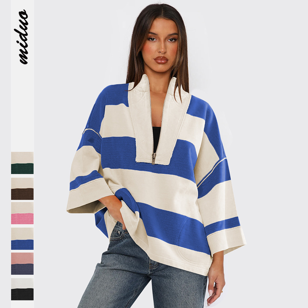 hoodies women selling striped half zipper european and american hoodie women's spring autumn color contrasting knitwear loose trendy brand sports