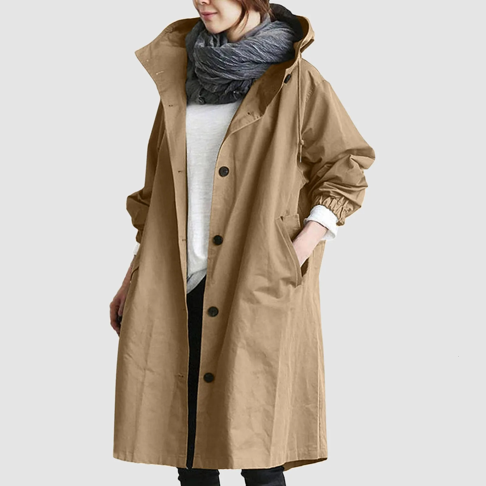 Fashionable womens long trench coat womens solid color elegant windproof coat loose and comfortable hooded warm womens raincoat 241031