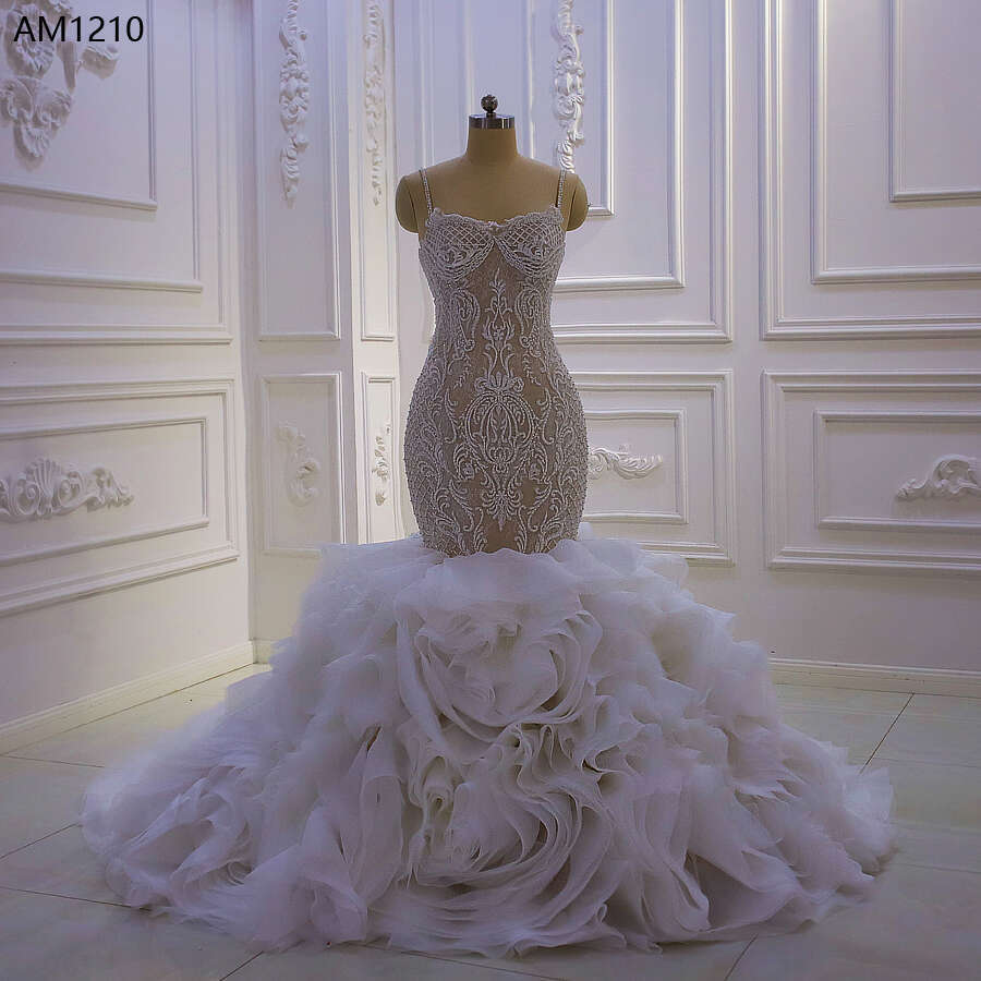 Beaded Lace Tiered Mermaid Wedding Dress In Ivory, Deep V Neck Bridal Gown 6660311