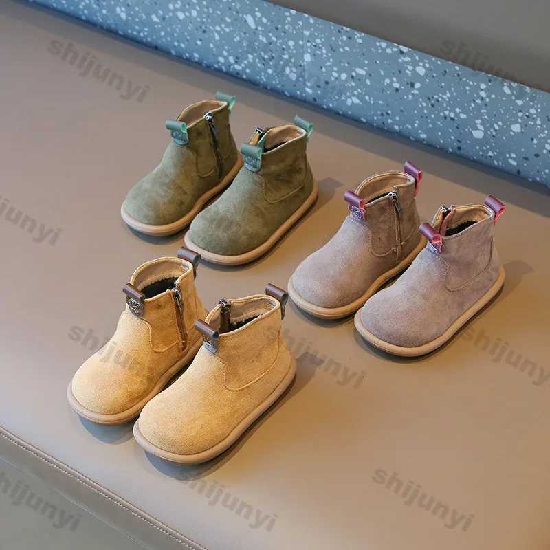 Childrens retro short boots for boys and girls autumn and winter new PU leather ankle boots childrens solid color wool cotton boat M241102