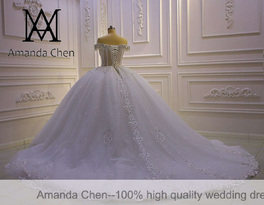 bridal dress Off Shoulder Lace Applique Crystal Sheer Wedding Dress