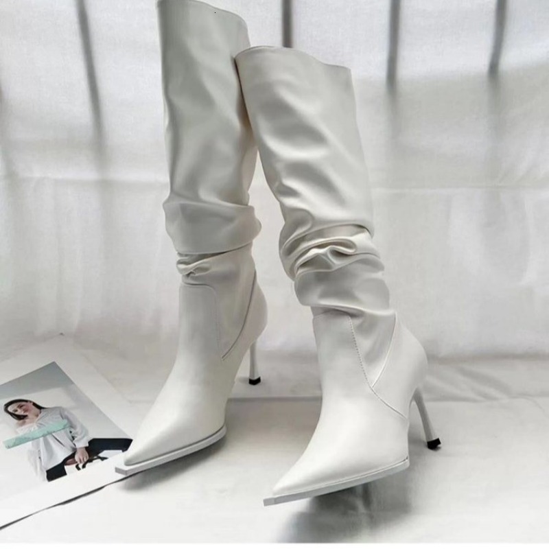 Pointed Pleated For Women In Autumn 2023 Trendy Thin Stacked High Heel Below Knee Long Barrel Boots