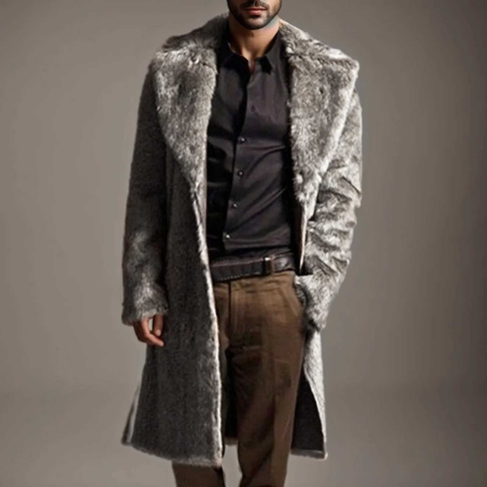 Autumn Winter Faux Fur Coat Mens Thicken Warm Solid Overcoat Jacket Outdoor Fashion Men Long Sleeve Fluffy Fur Long JacketXJ241102