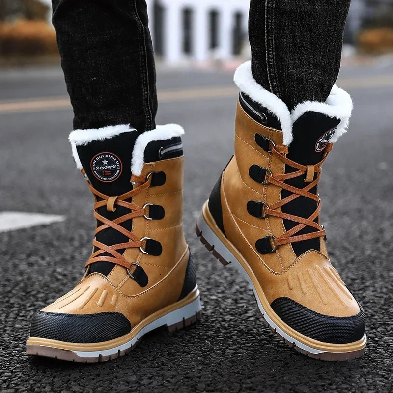 Fashionable mens winter boots warm fur high top snow boots mens waterproof leather platform boots outdoor anti slip mens winter shoes 241031