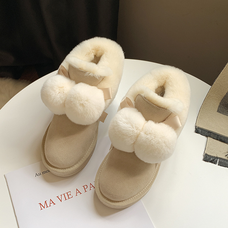 Winter new warm snow boots women short hair ball plus veet bean non-slip bread burst cotton shoes