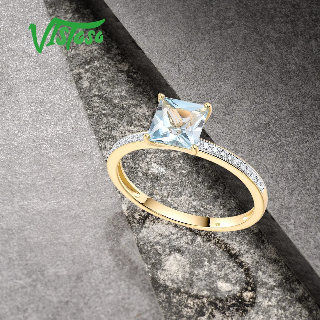 VISTOSO Genuine 9K 375 Yellow Gold Ring For Women Sparkling Diamond Blue Topaz Minimalism Daily Wear Solitaire Fine Jewelry 240402
