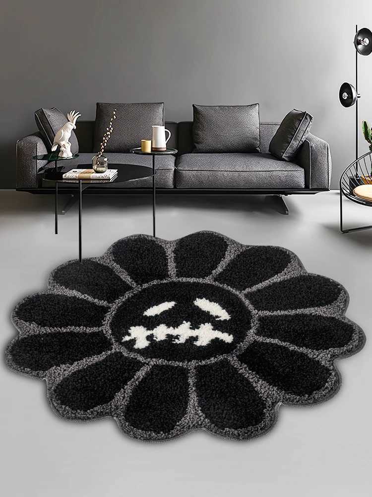 Smiling Face Tufted Rug Flower Art Rug for Bedroom Living Room Retro Rainbow Fluffy Bathroom Smile Rug Nonslip Mat Home DecorXJ241101