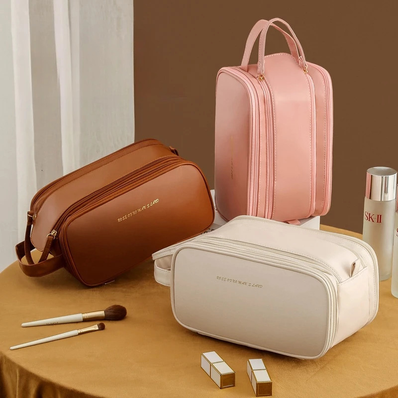 Travel makeup bag with handle PU leather portable large makeup bag suitable for women men toilet makeup tools Sk 241031