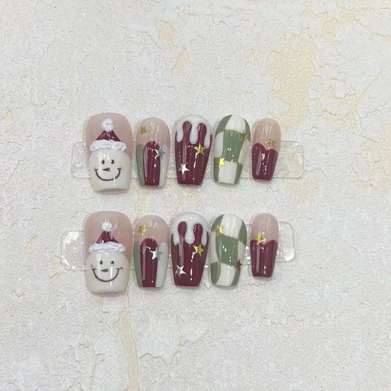 10 pieces/set of fake nails complete set of fake nails pressed on nails DIY handmade patches detachable Christmas snowman checkered star 241031
