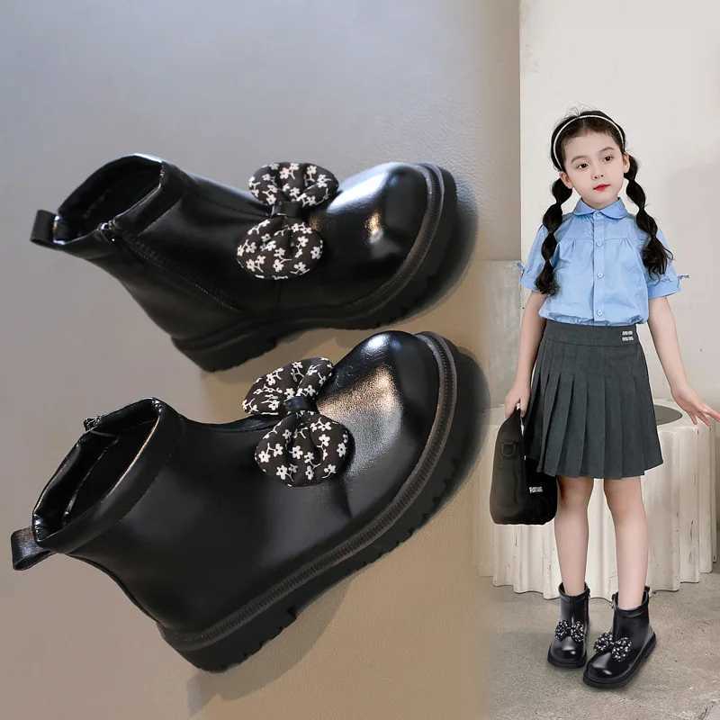 Girls Fashion Leather Boots New Autumn Winter Childrens Waterproof and Anti slip Cute Bow Princess Ankle Boots Baby Shoes M241102