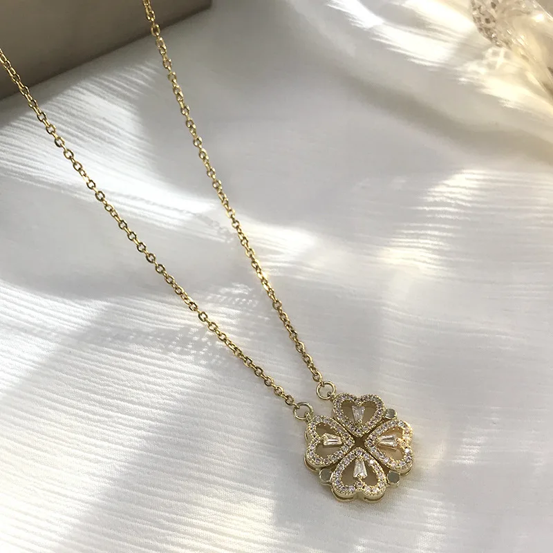 Retro Magnetic Folding Heart 2025 Shaped Four Leaf Clover Pendant Necklace Women Love Clavicle Chain new Gifts Openable Choker Jewelry