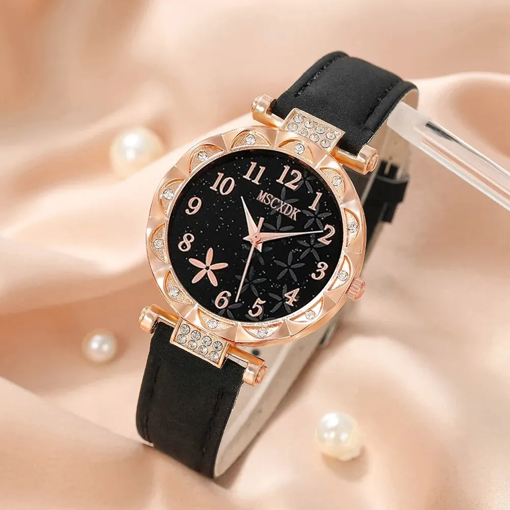 6pcs Black Flower Quartz Watch Dainty Bracelet For Women Leisure Casual 2025 Round Rhinestone Hollowed new Pattern Bracelet Set