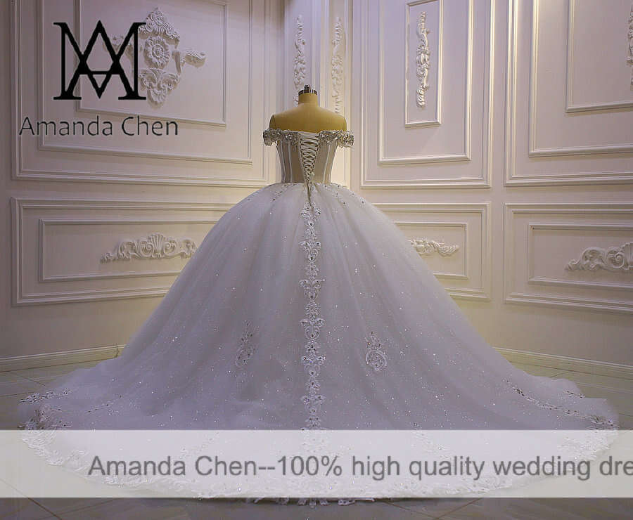 bridal dress Off Shoulder Lace Applique Crystal Sheer Wedding Dress
