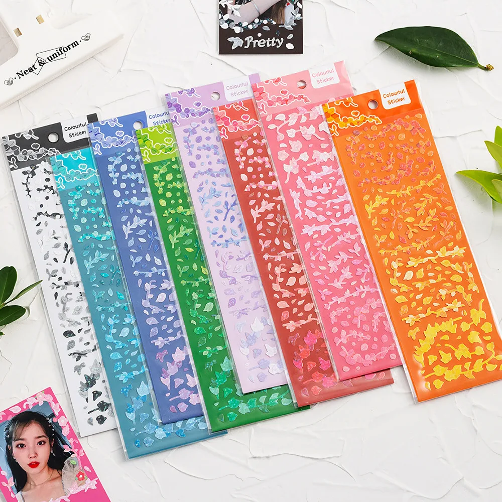 8pcs new Cute Shiny Korean Hologram Stickers Kpop Toploader Decor - Colorful Kawaii Reflective Deco 2025 Stickers With Flowers & Leaves
