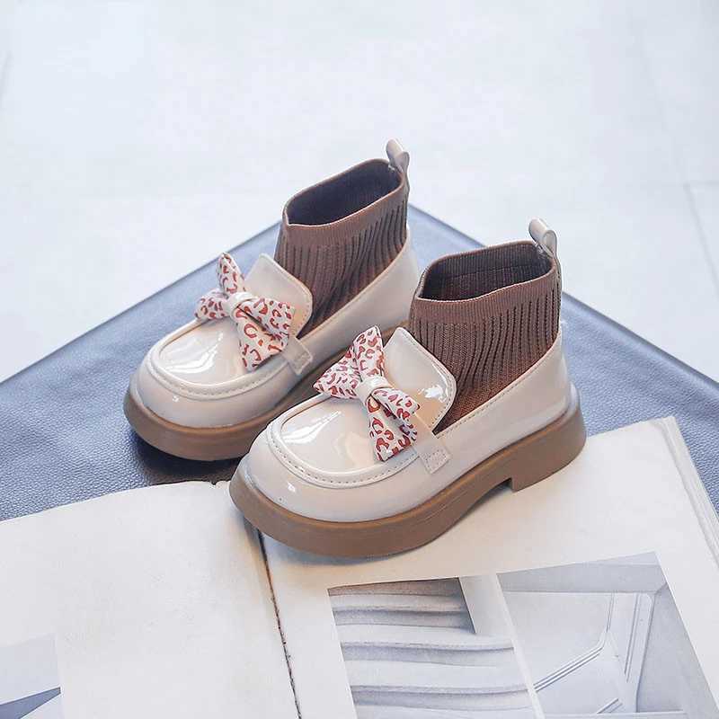 Girls Autumn Bow Leather Shoes Knitted Boots Childrens Leather Shoes Girls Princess Anti slip Ankle Boots Children M241102