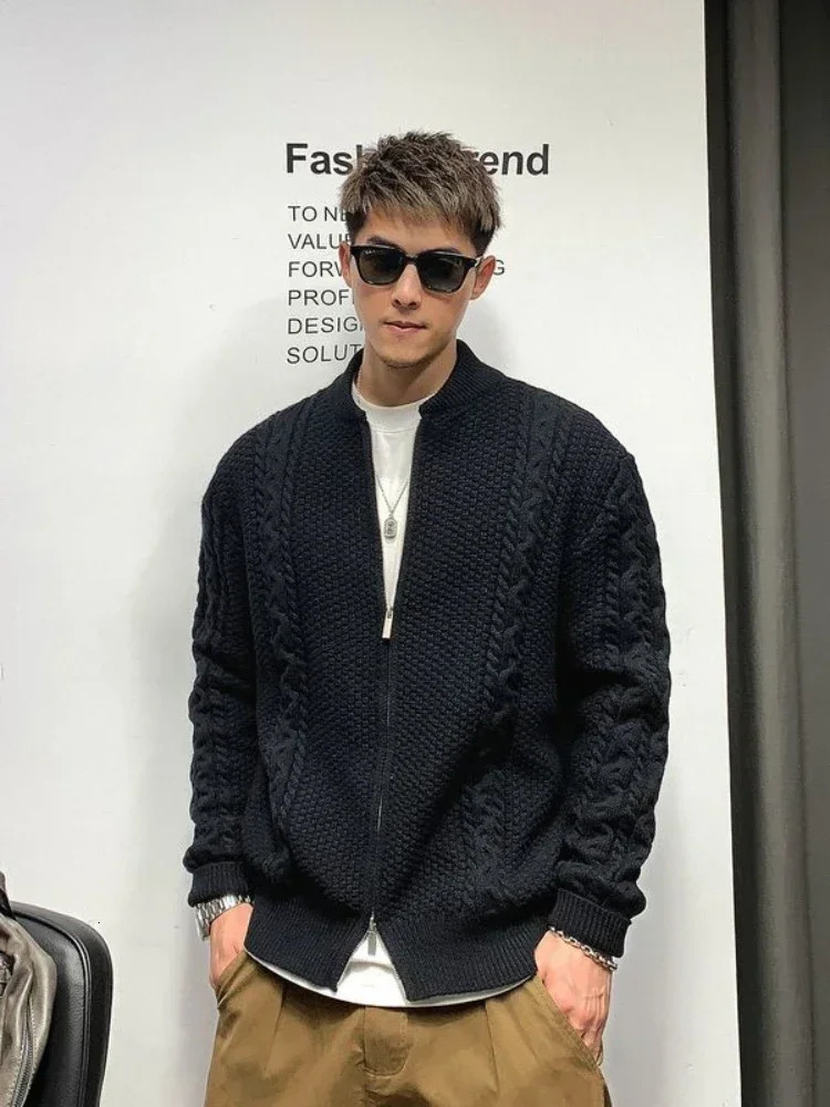 Knitted Sweaters for Men Cardigan Motorcycle Man Clothes Coat Zipper Jacket Zipup No Hoodie Korean Fashion 90s Vintage Style S 241024