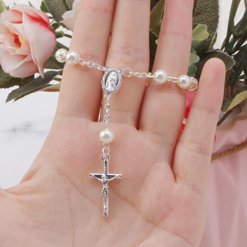 Catholic new for Cross Finger Chain Mini Rosary 2025 Finger Baptism Rosaries Faux Pearls Bracelet for Baptism Christening