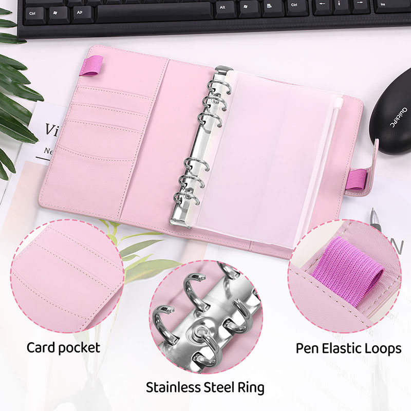 2023 A6 PU Leather Budget Binder Notebook Cash Envelopes System Set With Binder Pockets for Money Saving Bill Organizer Pink