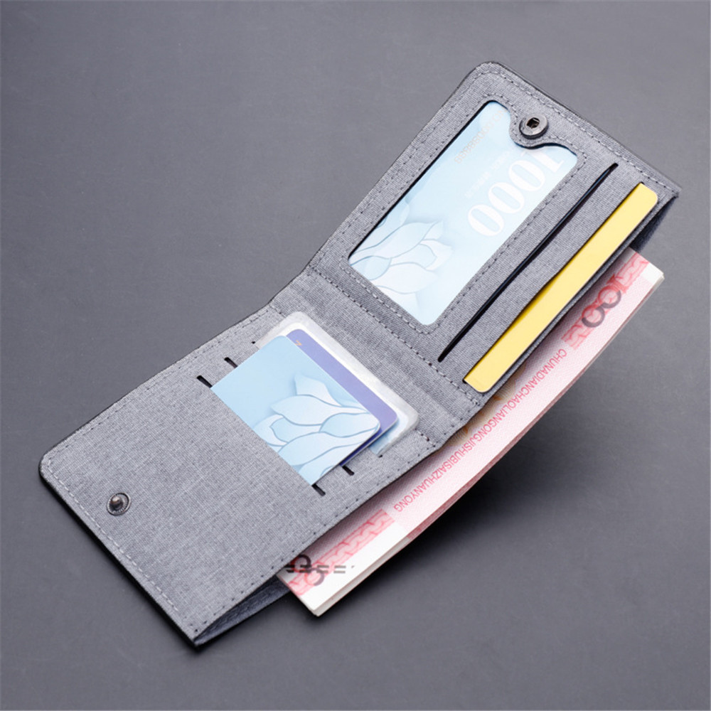 PT052,Men's Short Horizontal Square Canvas 2 Fold Solid Color Buckle Wallet Denim New Unmarked Sewing Thread Ultra Thin Card Holder