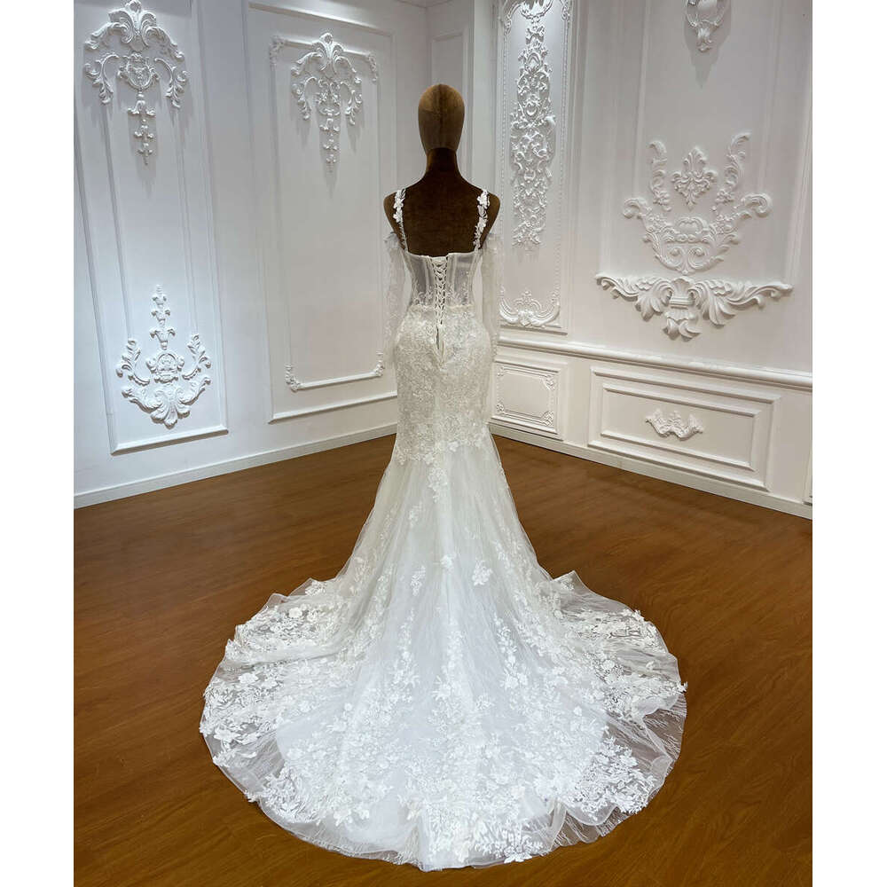 Customized New Design Applique Lace Detachable Long Sleeve Mermaid Bridal Wedding Dress