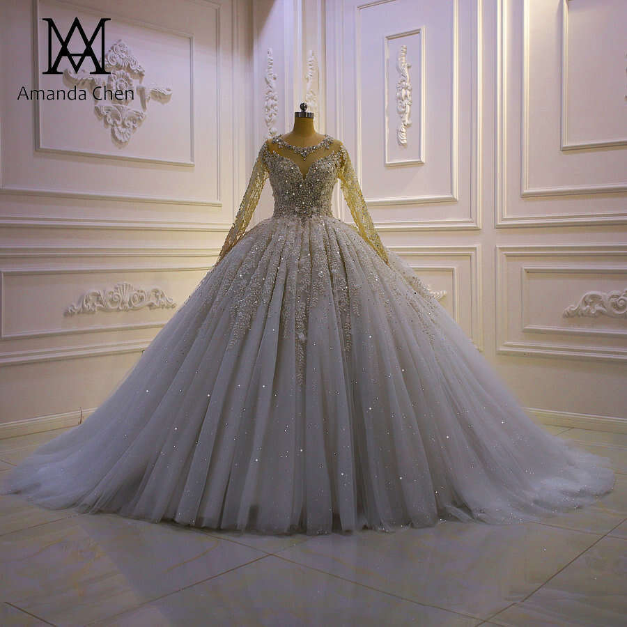 vestidos formales Long Sleeve Lace Appliques Rhie Crystal African Wedding Dress