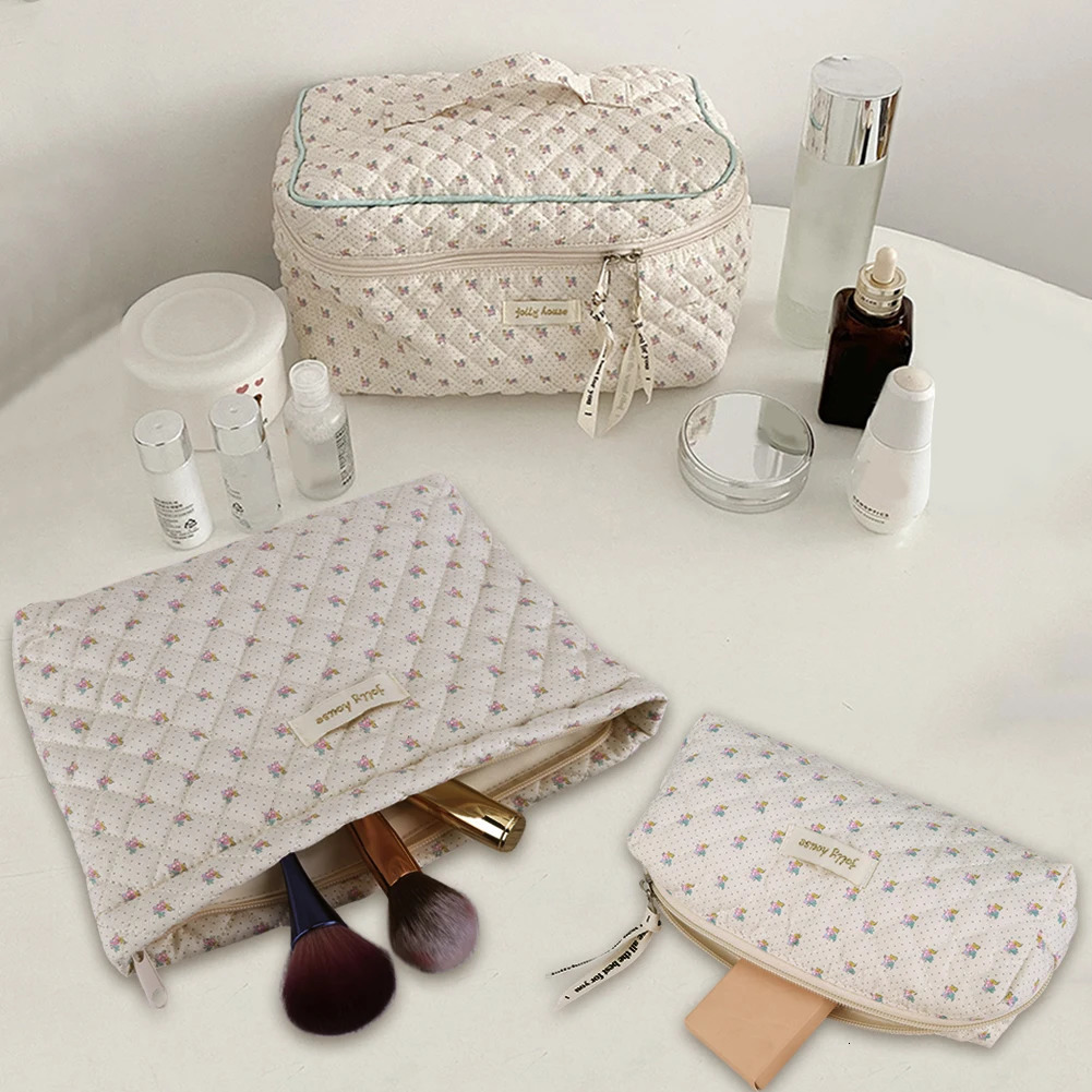 Womens makeup bag zippered makeup storage bag cotton print large capacity daily use bag wallet set 241031