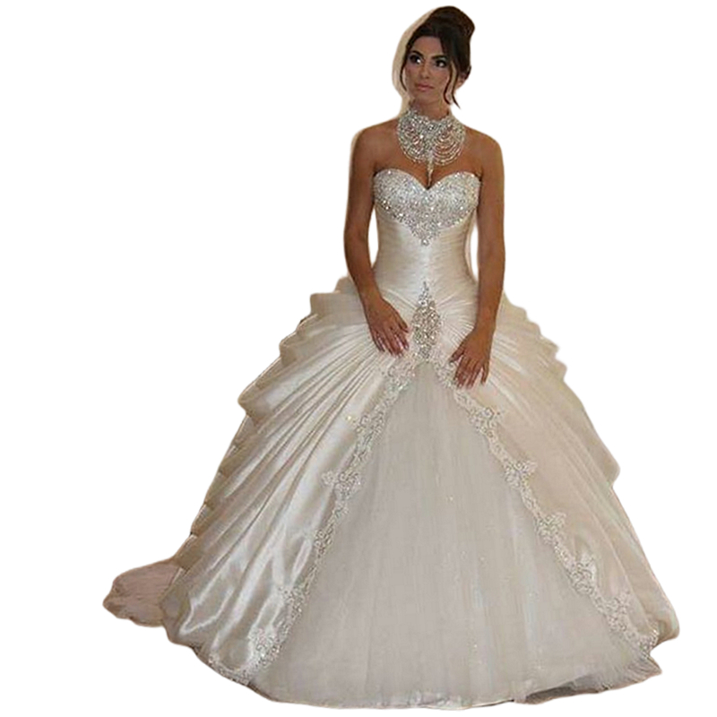 Vintage Princess Ball Gown Wedding Dress Sweetheart neck Crystals Beaded Ivory Bridal Gown Court Train Lace-Up Satin With Tulle Ruched Corset Vestido 